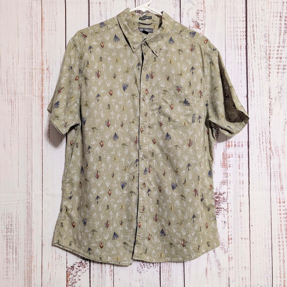 Eddie Bauer Fly Fishing Themed Men's Short Sleeve Button Up Shirt sz L VGC *READ